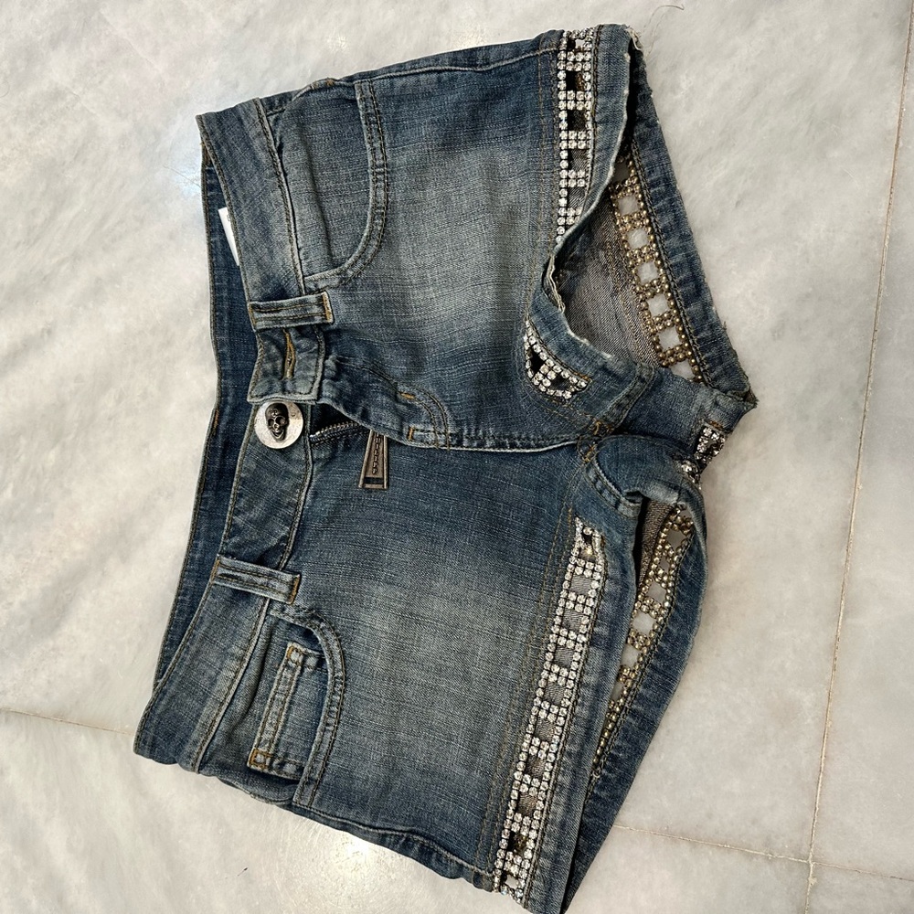 Philipp Plein Blue Jean Shorts with Silver Accents